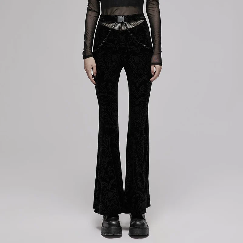 Gothic-Schlaghose aus floralem Samt für Damen mit Metallkette