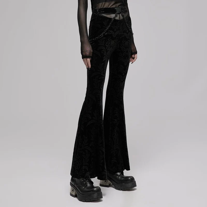 Gothic-Schlaghose aus floralem Samt für Damen mit Metallkette