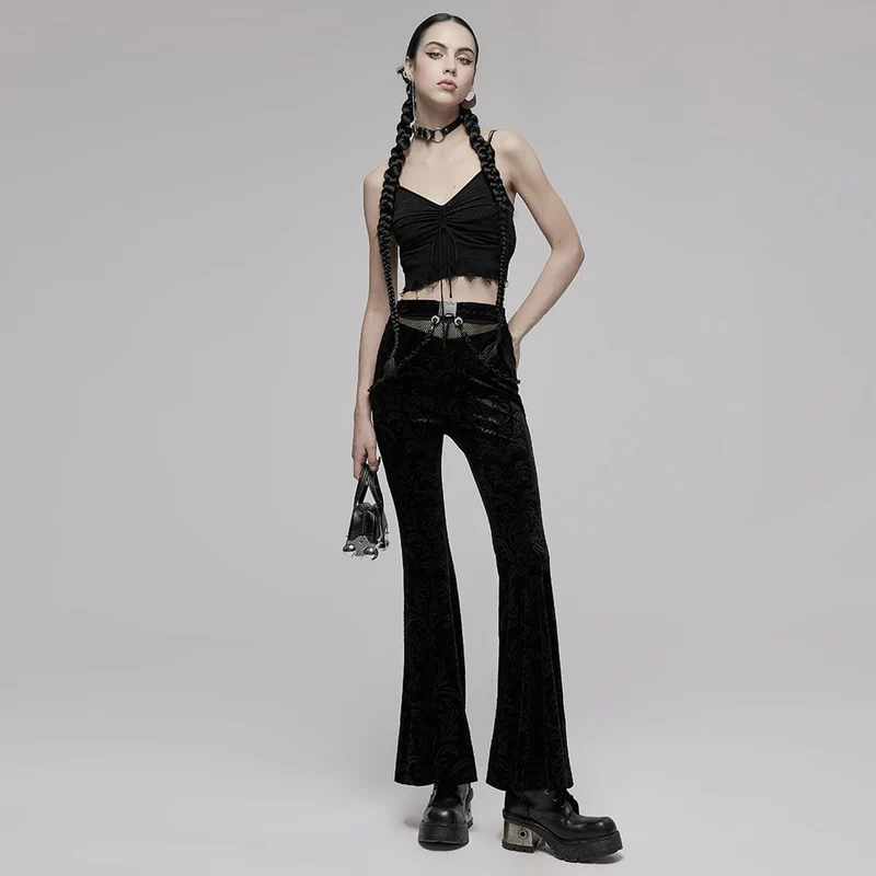 Gothic-Schlaghose aus floralem Samt für Damen mit Metallkette