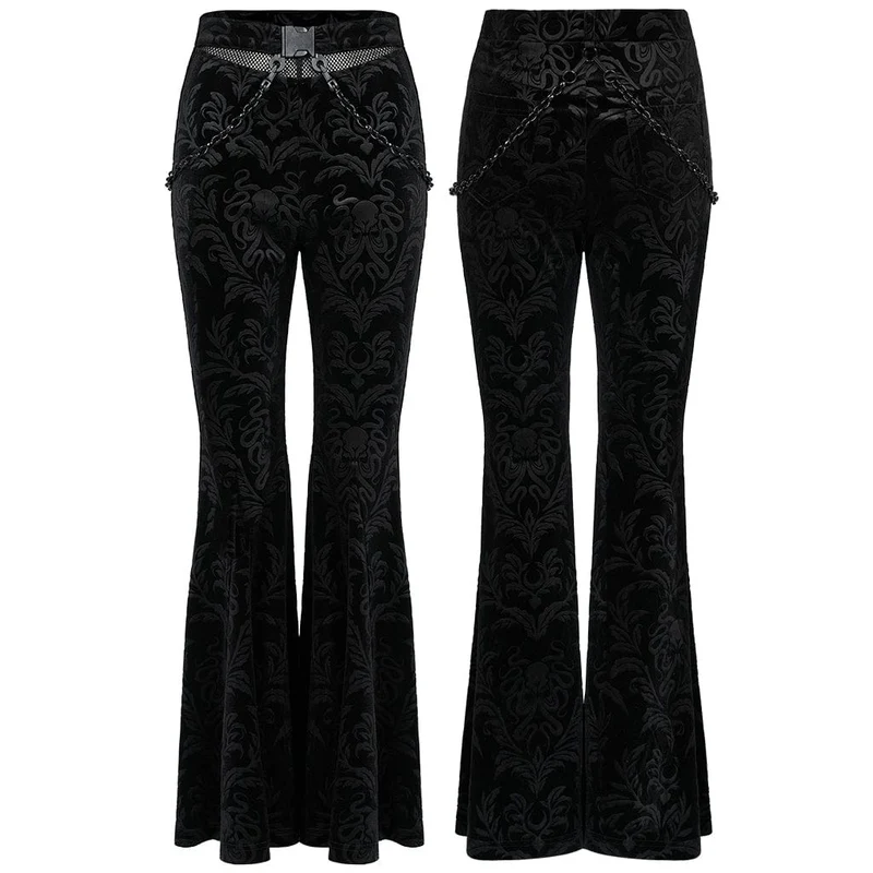 Gothic-Schlaghose aus floralem Samt für Damen mit Metallkette