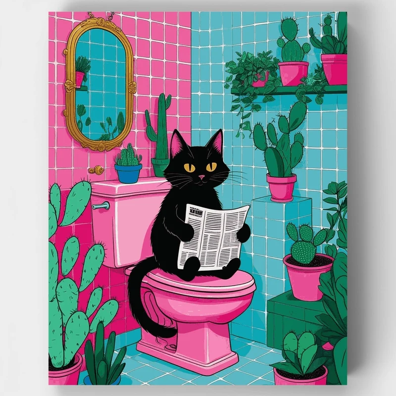 Black Cat Reading Newspaper on Pink Toilet - Paint by Numbers Kit