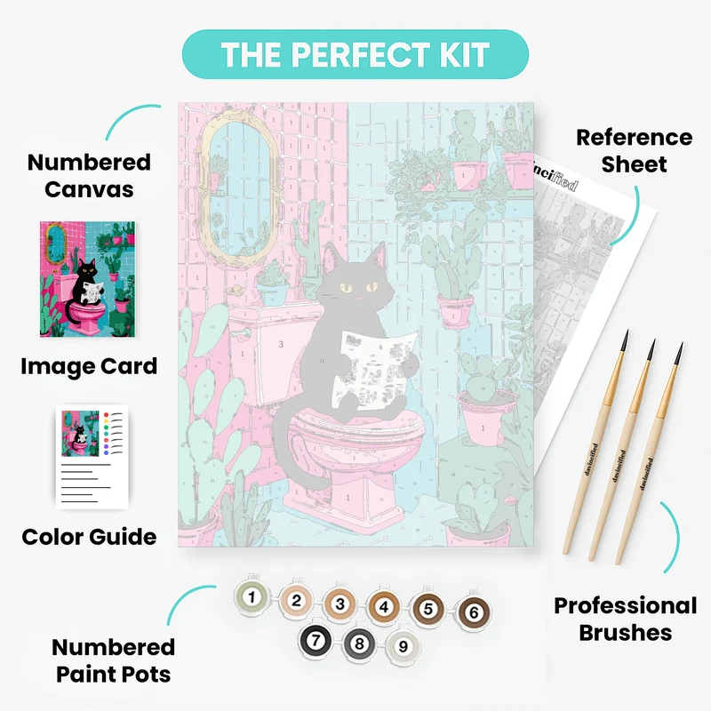 Black Cat Reading Newspaper on Pink Toilet - Paint by Numbers Kit