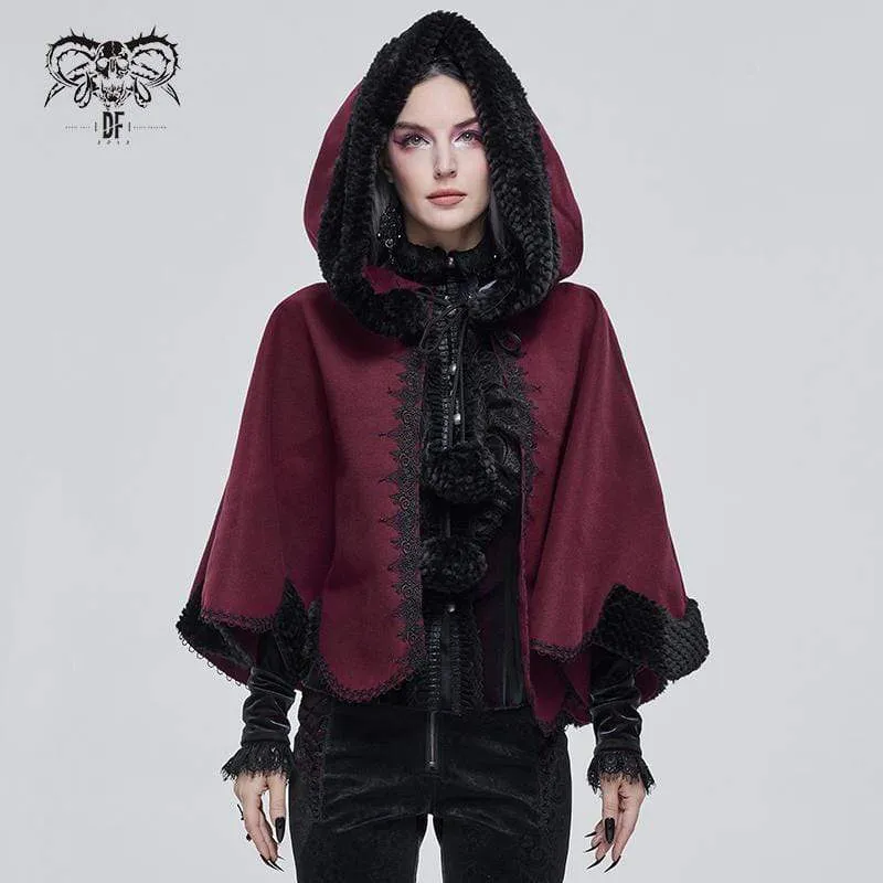 Gothic Blumenstickerei Spleiß Cape für Damen mit Kapuze Rot