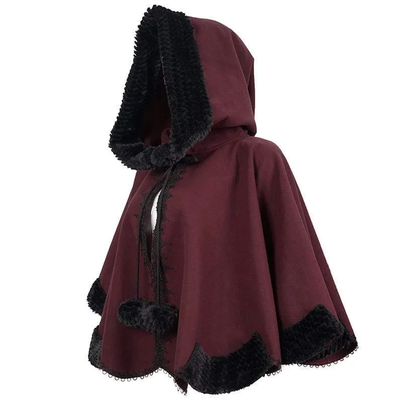 Gothic Blumenstickerei Spleiß Cape für Damen mit Kapuze Rot