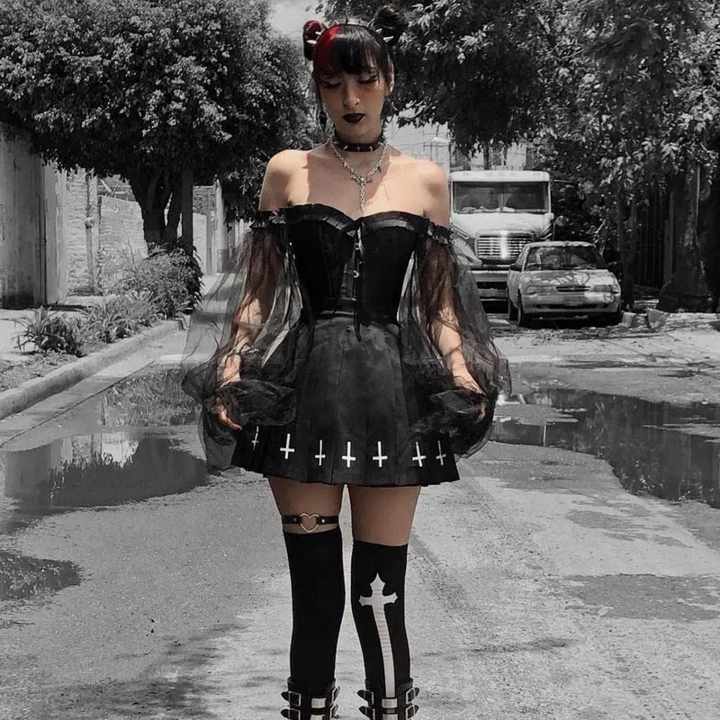 Damen Gothic Vintage Mesh Ärmel Vollbrust Korsett
