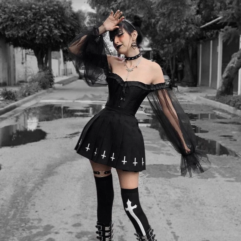 Damen Gothic Vintage Mesh Ärmel Vollbrust Korsett