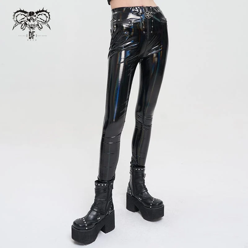 Punk-Leggings aus Kunstlackleder mit Sternenreißverschluss für Damen
