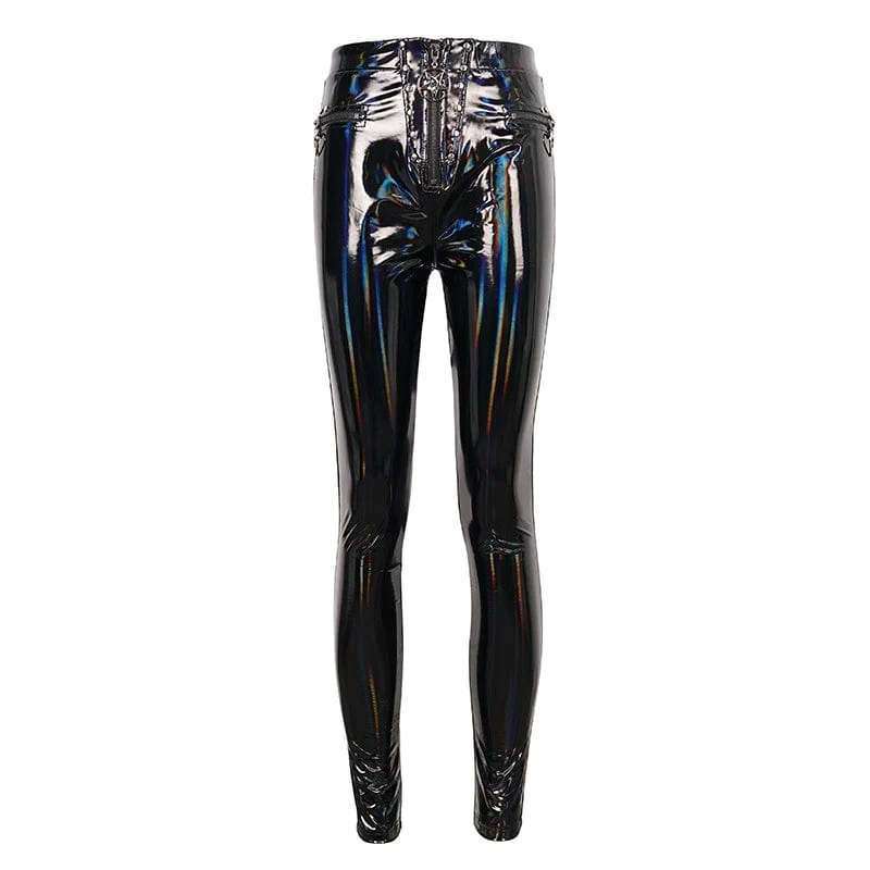 Punk-Leggings aus Kunstlackleder mit Sternenreißverschluss für Damen