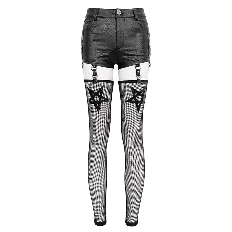 Damen-Punk-Shorts aus Kunstleder mit Mesh-Beinärmeln