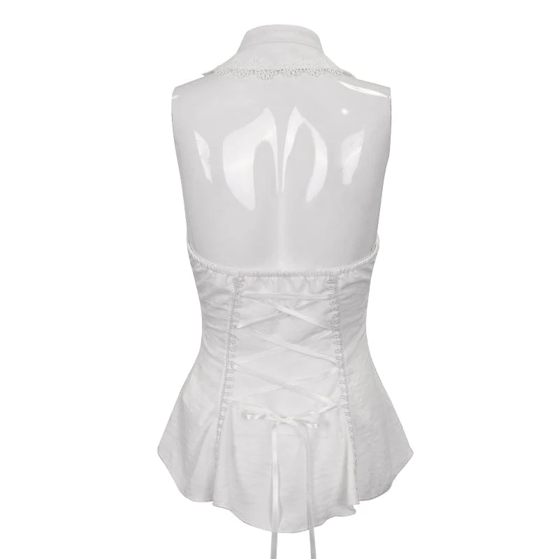 Damen Gothic Riemchen Blumen bestickt gekräuselte weiße Weste
