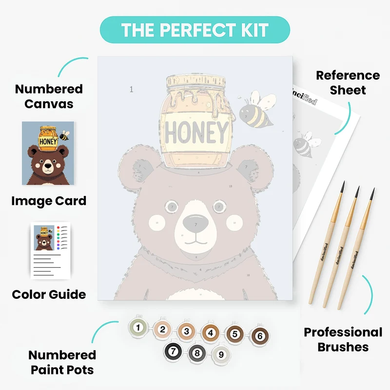 Cute Bear with Honey Jar and Bee - Paint by Numbers Kit