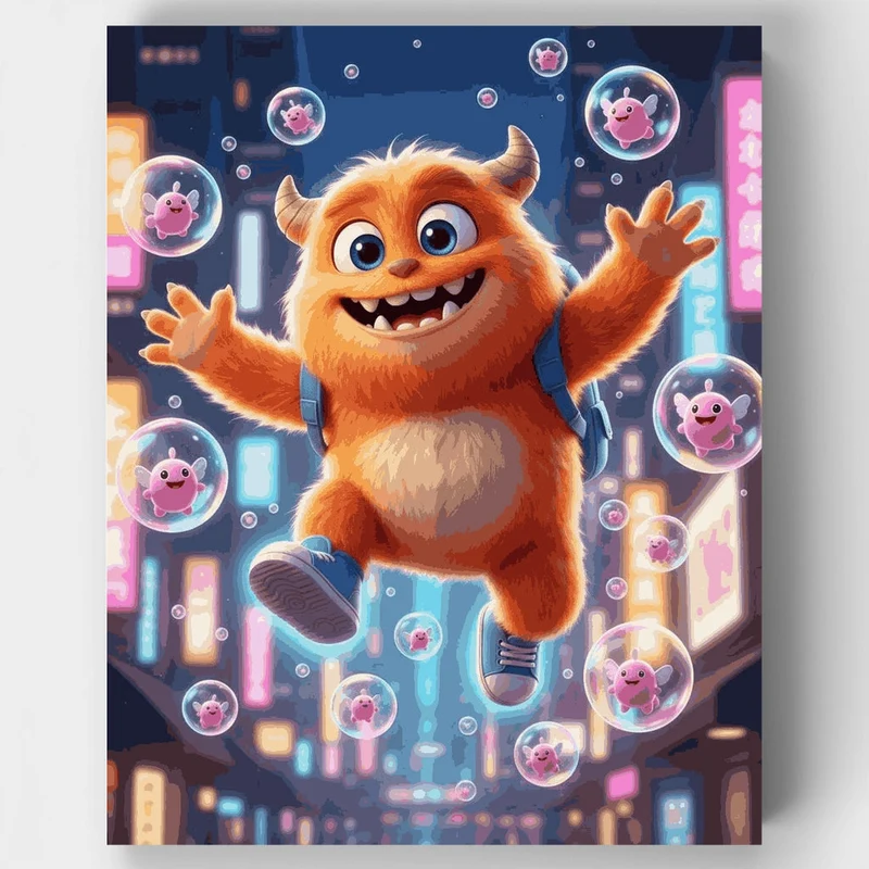 Fuzzy Orange Monster in Neon City - Paint by Numbers Kit