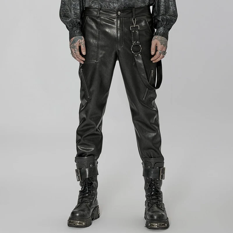 Herren Punk Kunstlederhose mit Riemen