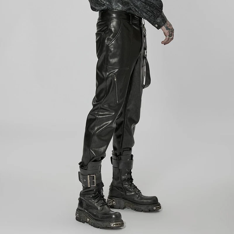 Herren Punk Kunstlederhose mit Riemen