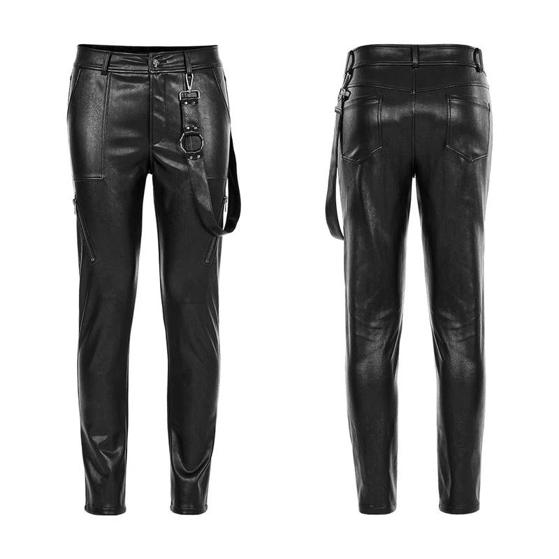 Herren Punk Kunstlederhose mit Riemen