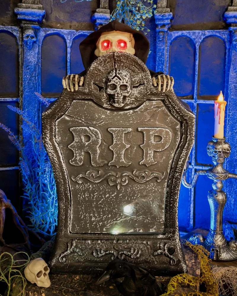 Grabstein mit Verstecktem Grim Reaper Animatronic 39cm