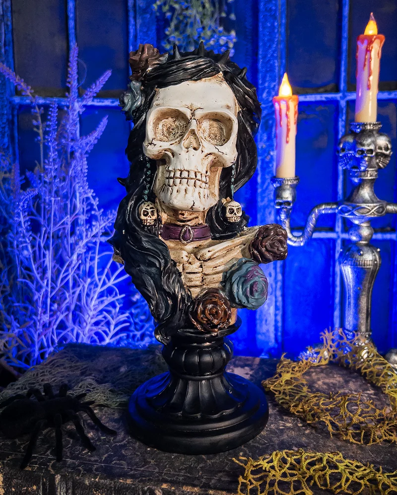 Skelett Lady Büste mit Rosen & Skull 26,5cm
