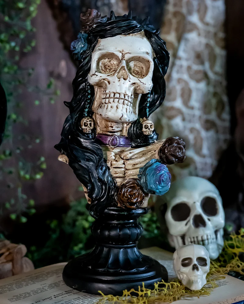 Skelett Lady Büste mit Rosen & Skull 26,5cm