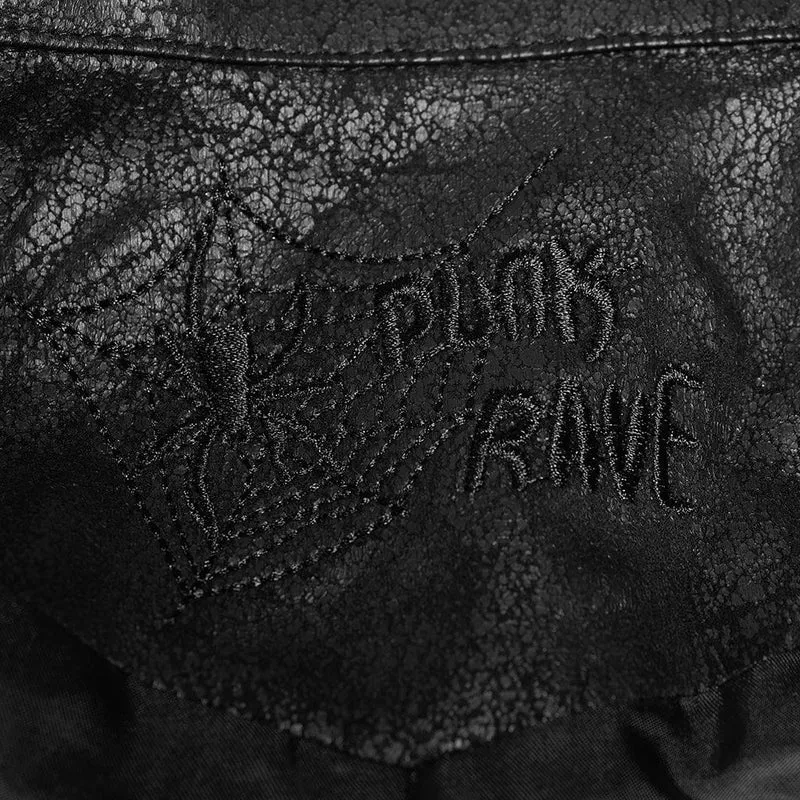 Herren Punk besetzt Kunstleder Reißverschluss Jacke schwarz