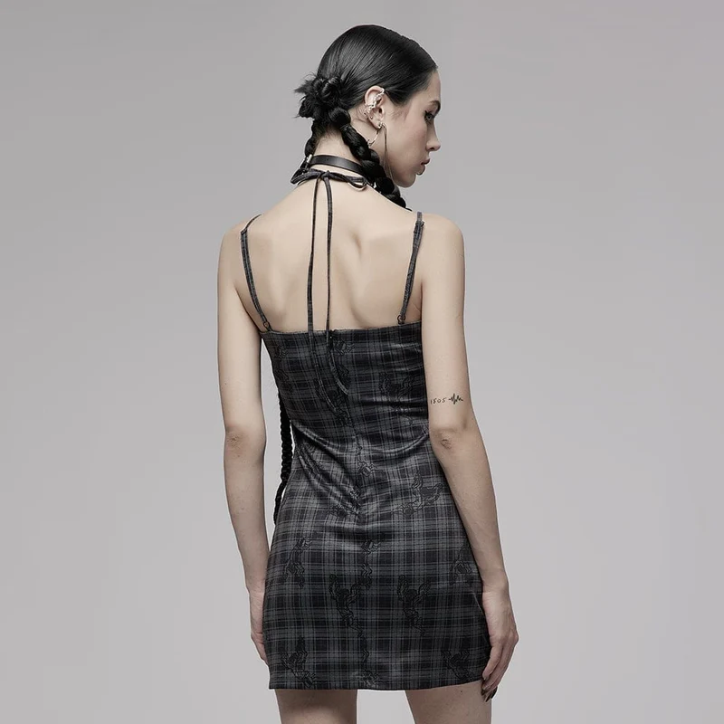 Grunge-Neckholder-Karo-Slip-Kleid für Damen