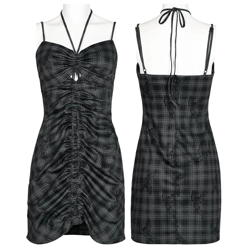 Grunge-Neckholder-Karo-Slip-Kleid für Damen