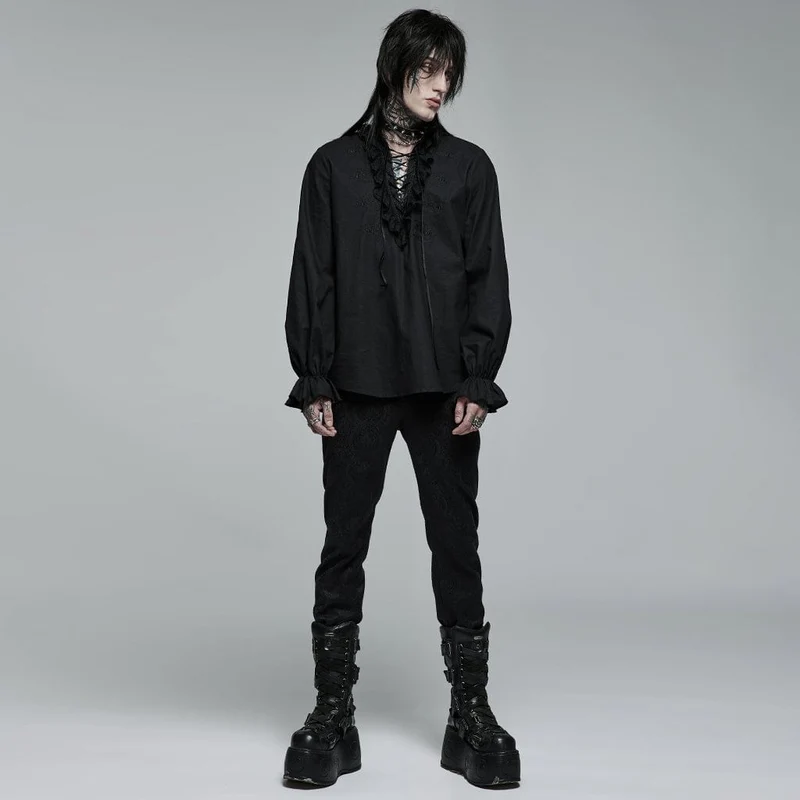 Herren Gothic Riemchen Stehkragen Rüschenhemd