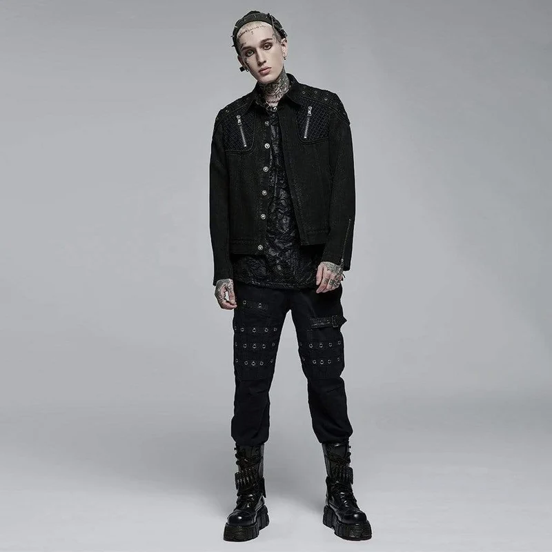 Herren Punk Mesh-Splice-Jacke mit Umlegekragen