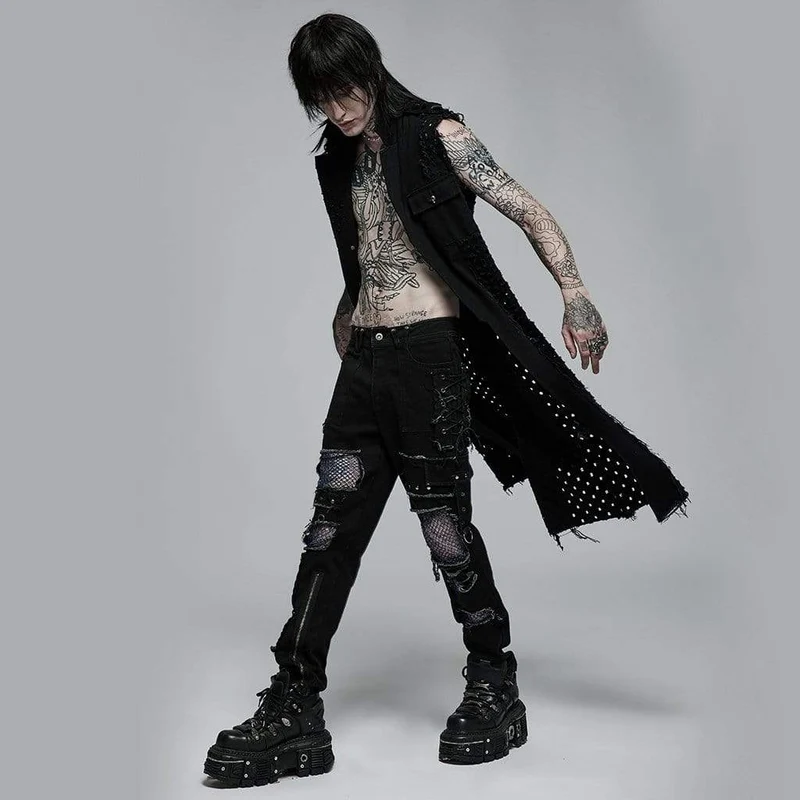 Herren Punk Unedged Zerrissene lange Weste