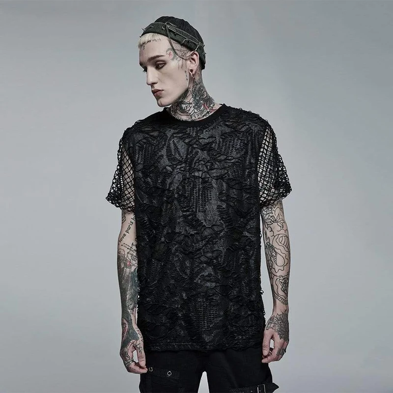 Herren Gothic Ripped Mesh Strick-T-Shirt