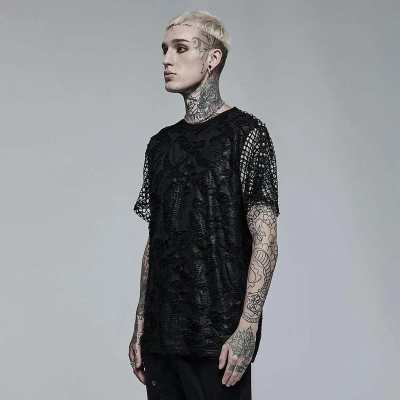 Herren Gothic Ripped Mesh Strick-T-Shirt
