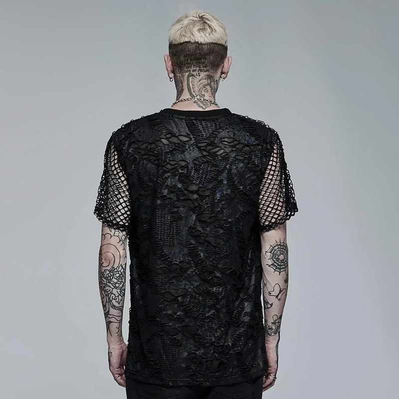 Herren Gothic Ripped Mesh Strick-T-Shirt