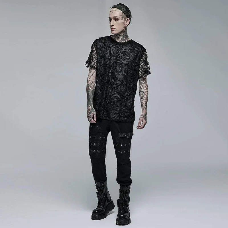 Herren Gothic Ripped Mesh Strick-T-Shirt