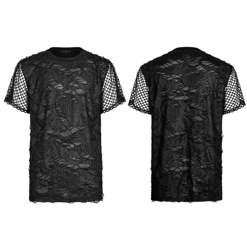 Herren Gothic Ripped Mesh Strick-T-Shirt