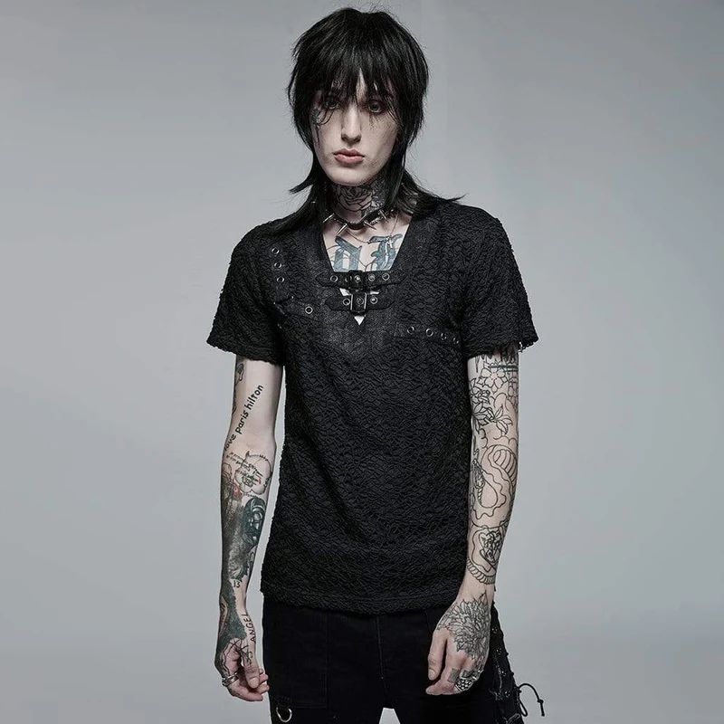 Herren Punk Schnalle Splice Mesh T-Shirt