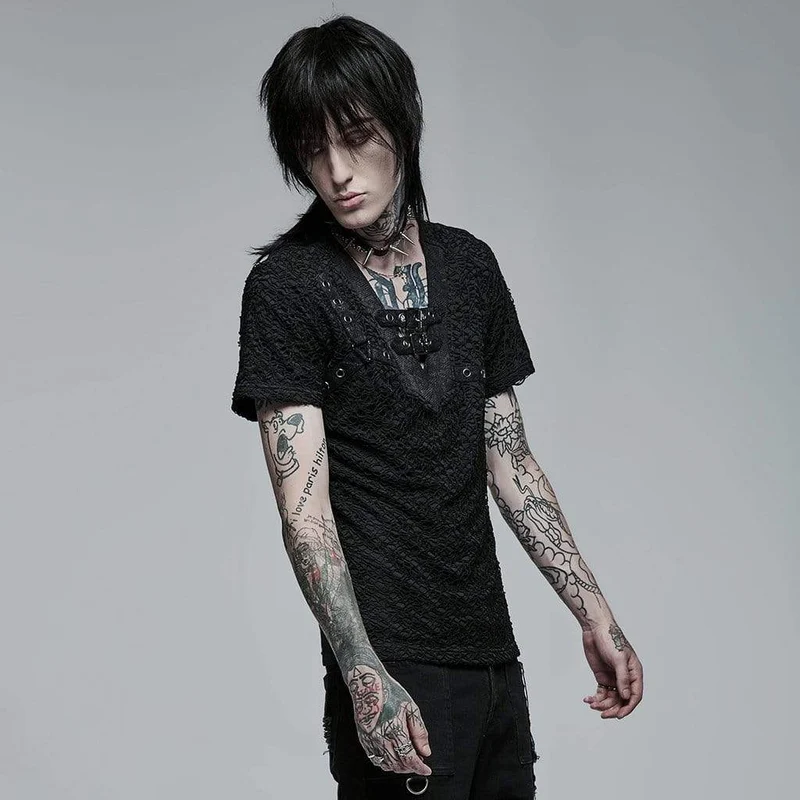 Herren Punk Schnalle Splice Mesh T-Shirt