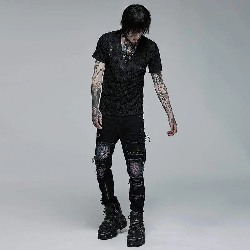 Herren Punk Schnalle Splice Mesh T-Shirt