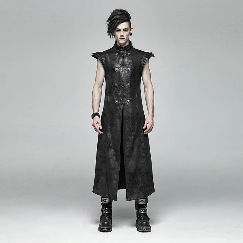 Herren Vintage Goth Kunstleder Stehkragen Engelsflügel Maxi Weste