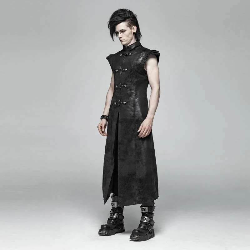 Herren Vintage Goth Kunstleder Stehkragen Engelsflügel Maxi Weste