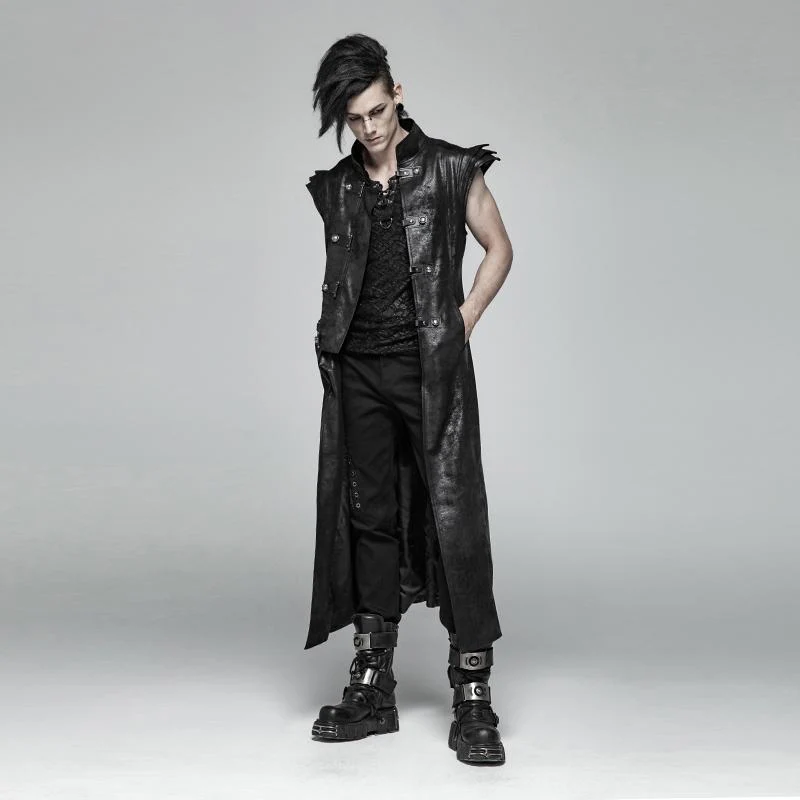 Herren Vintage Goth Kunstleder Stehkragen Engelsflügel Maxi Weste
