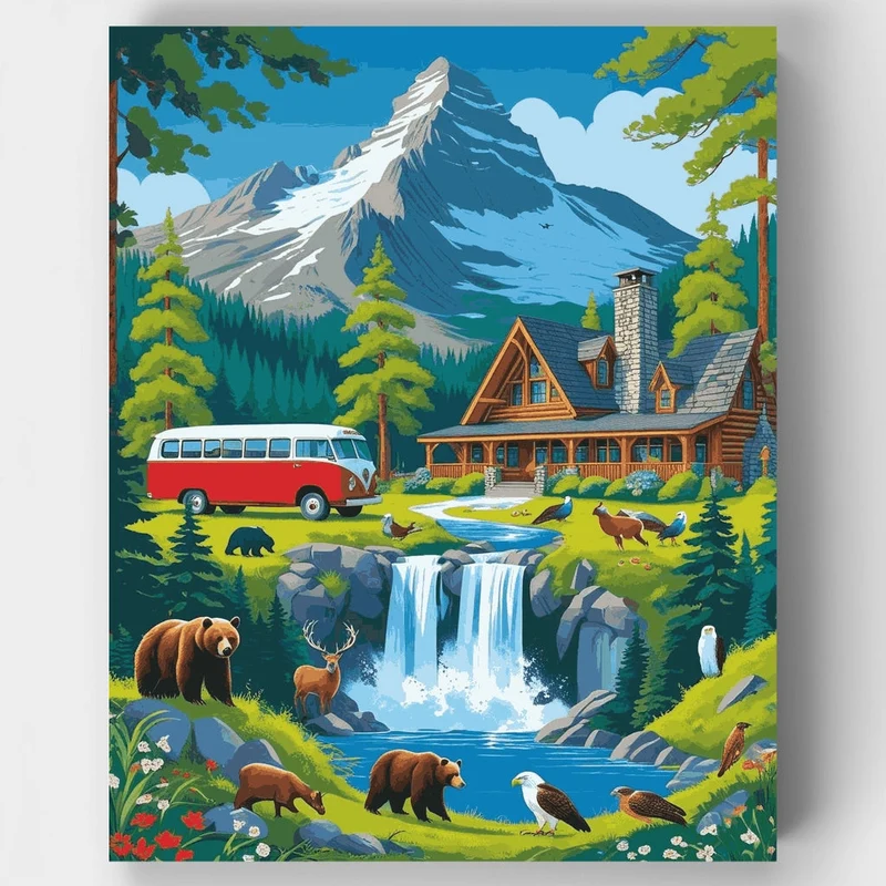 Mount Rainier National Park Wildlife Lodge & Waterfall - Paint by Numbers Kit