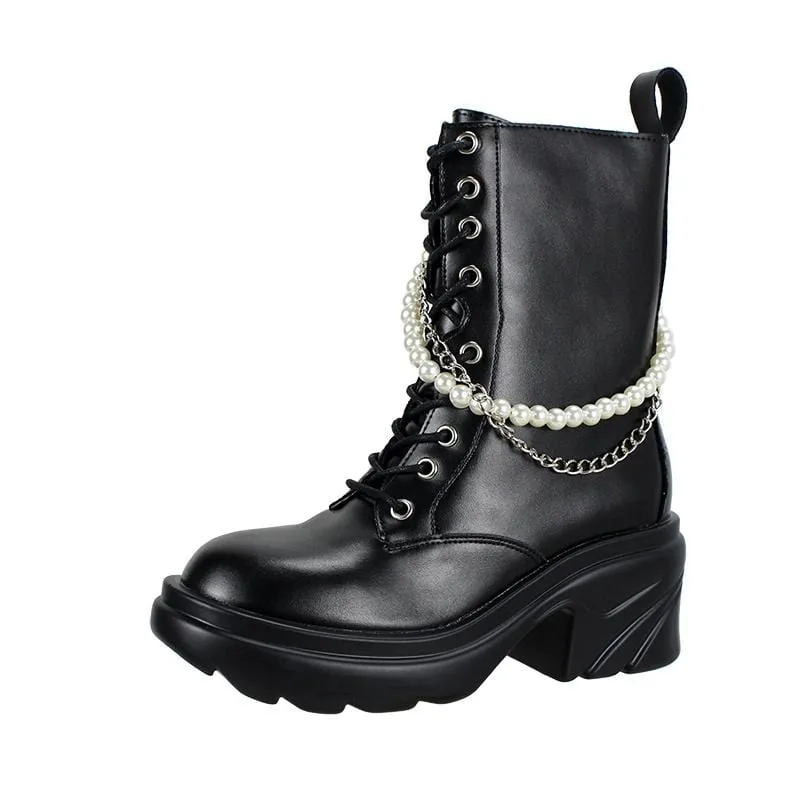 Gothic Punk Wedge Boots für Damen mit Perlenkette