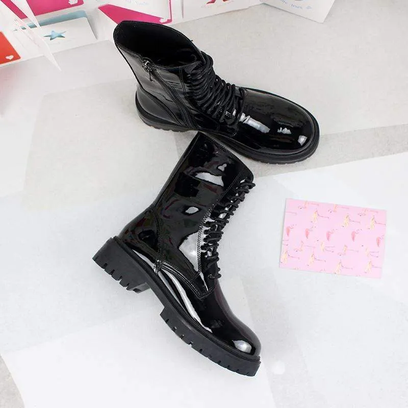 Damen Gothic Punk Lackleder Buskin Stiefel