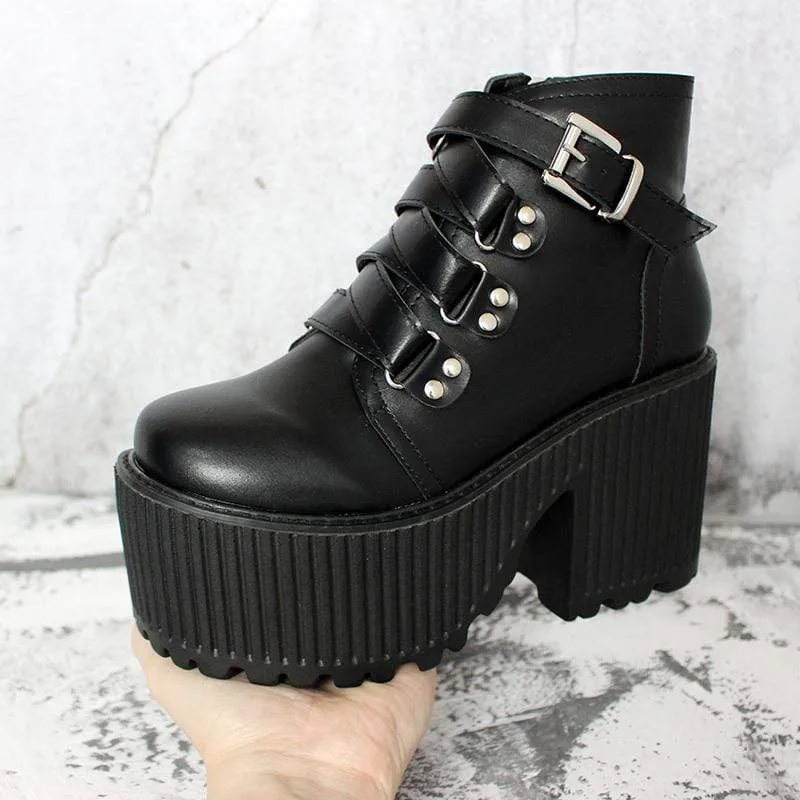 Gothic Punk Buckle Zipper Plateaustiefel für Damen