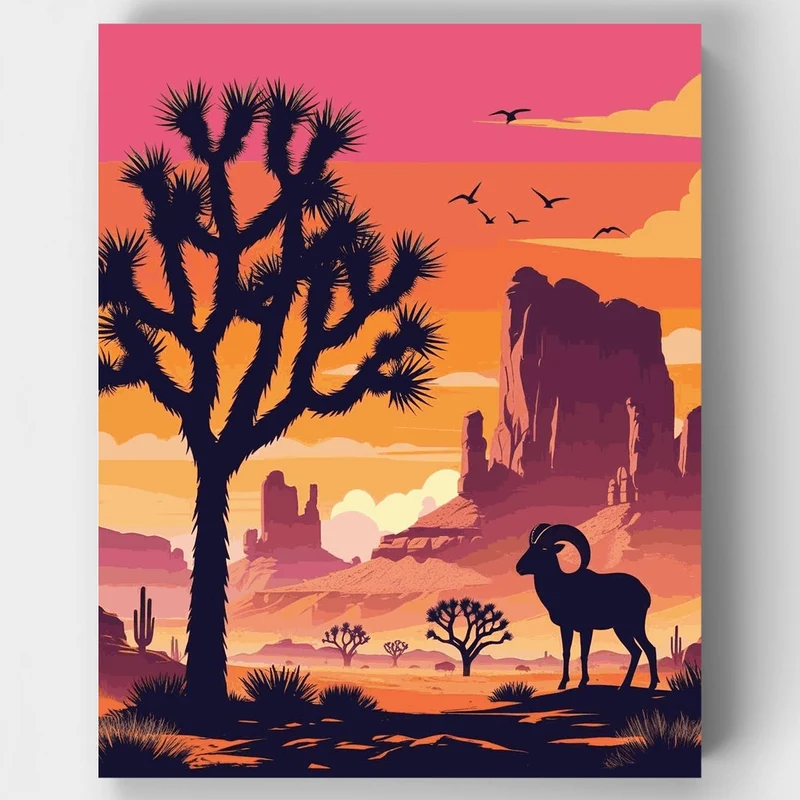 Joshua Tree National Park Desert Sunset with Bighorn Sheep - Paint by Numbers Kit