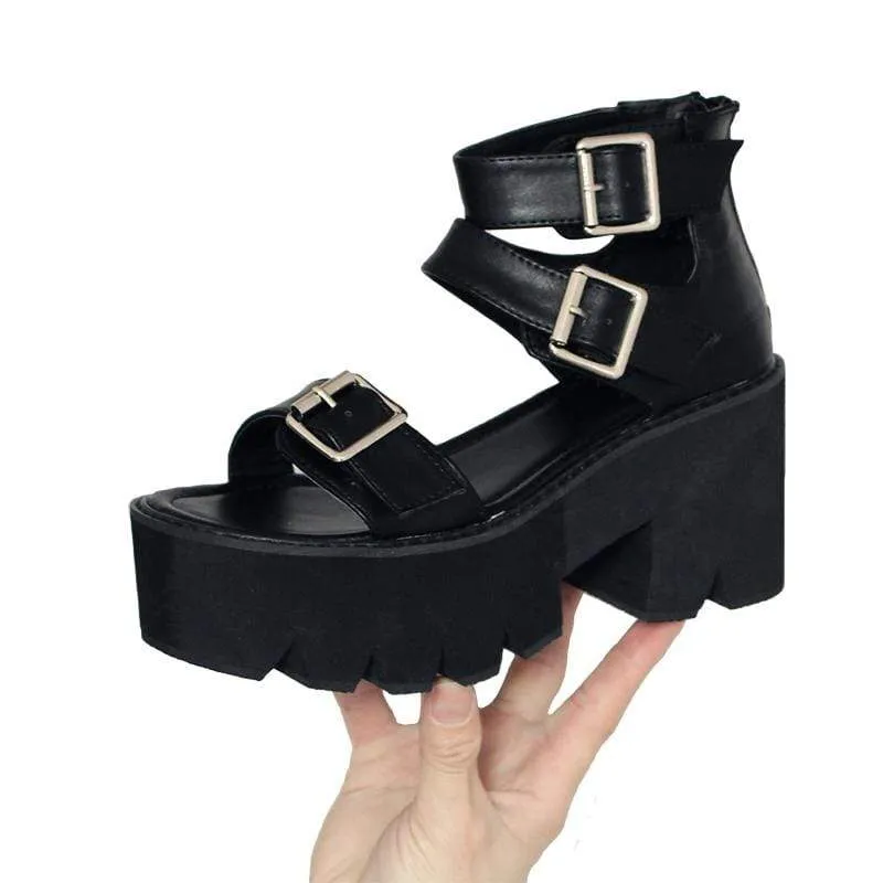 Damen Gothic Punk Plateau-Sandalen mit offener Schnalle