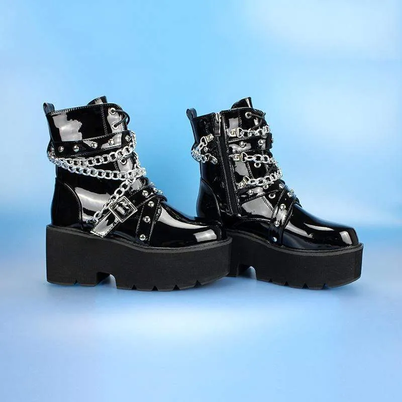 Damen Gothic Punk Lackleder Chain Plateau Stiefel
