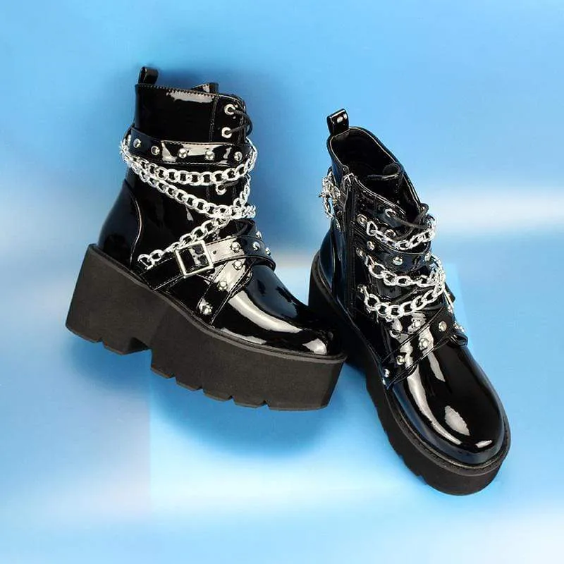 Damen Gothic Punk Lackleder Chain Plateau Stiefel