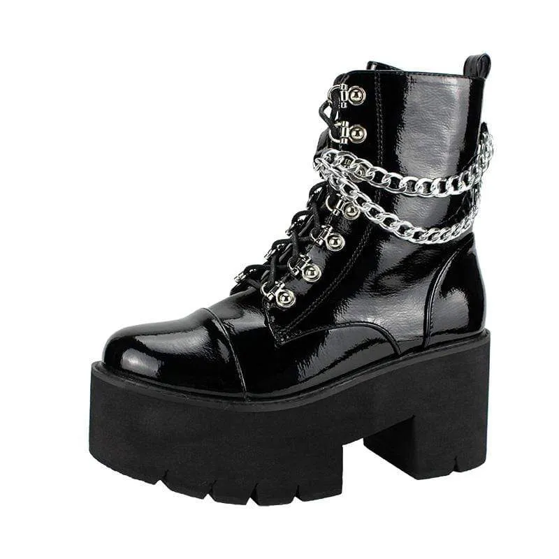 Damen Gothic Punk Lackleder Schnürstiefel