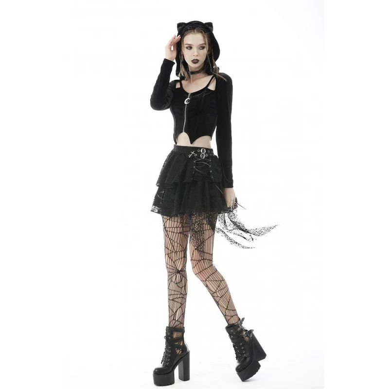 Damen Punk Unregelmäßiges Crop Top mit Reißverschluss und Katzenohren-Kapuze