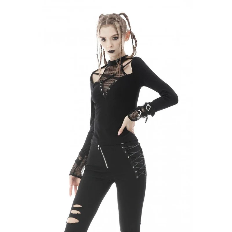 Damen Punk Cutout Mesh-T-Shirt mit Splice-Schnalle